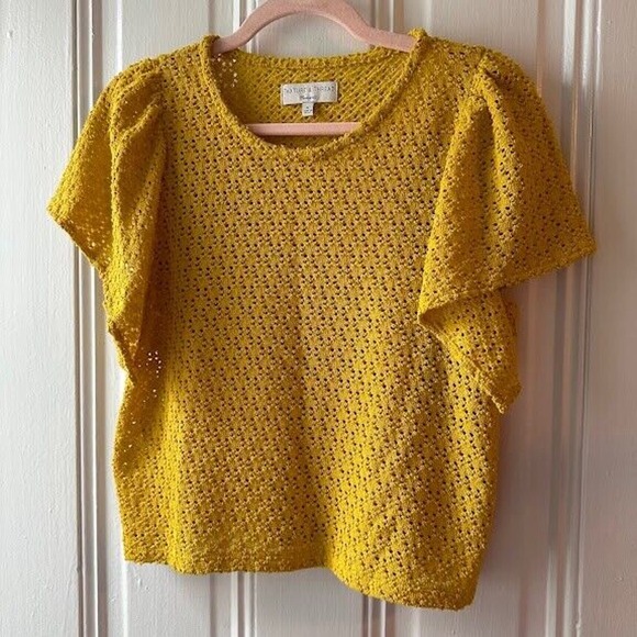 Madewell Texture & Thread Yellow Eyelet Flutter-Sleeve Top Size Medium - Picture 5 of 10